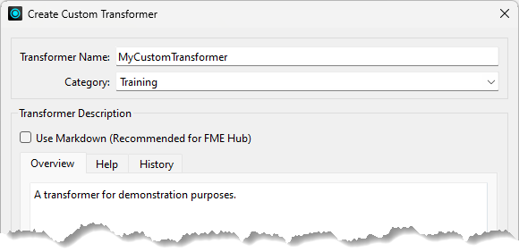 Create Custom Transformer dialog